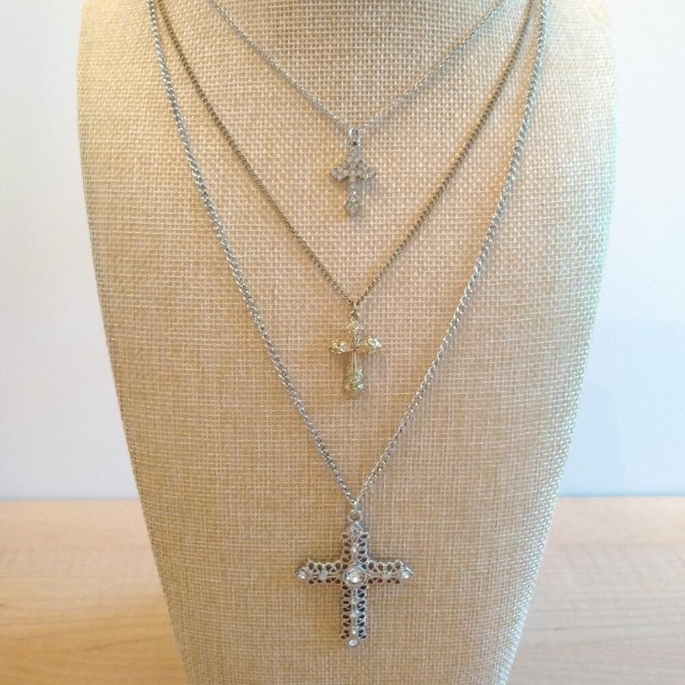 Multi Strand Necklace Silver & Gold Tone with Cross Pendants